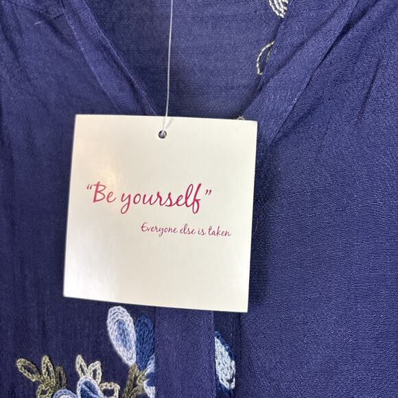 Anthropologie Fig and Flower Tunic XL Embroidered Floral Button Long Sleeve Blue - Picture 8 of 11